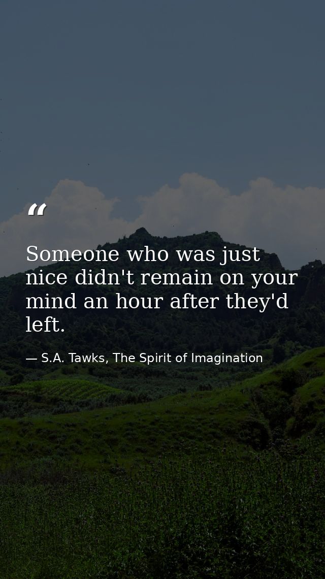 Someone who was just nice didn't remain on your mind an hour after they'd left. — S.A. Tawks, The Spirit of Imagination