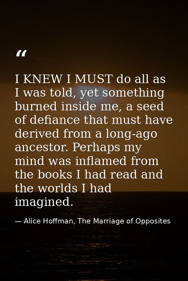 I KNEW I MUST do all as I was told, yet something burned inside me, a seed of defiance that must have derived from a lon — Alice Hoffman, The Marriage of Opposites