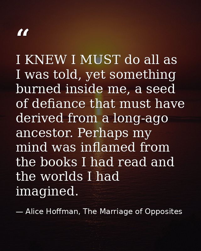 I KNEW I MUST do all as I was told, yet something burned inside me, a seed of defiance that must have derived from a lon — Alice Hoffman, The Marriage of Opposites