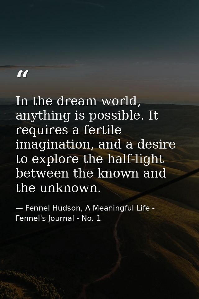 In the dream world, anything is possible. It requires a fertile imagination, and a desire to explore the half-light betw — Fennel Hudson, A Meaningful Life - Fennel's Journal - No. 1
