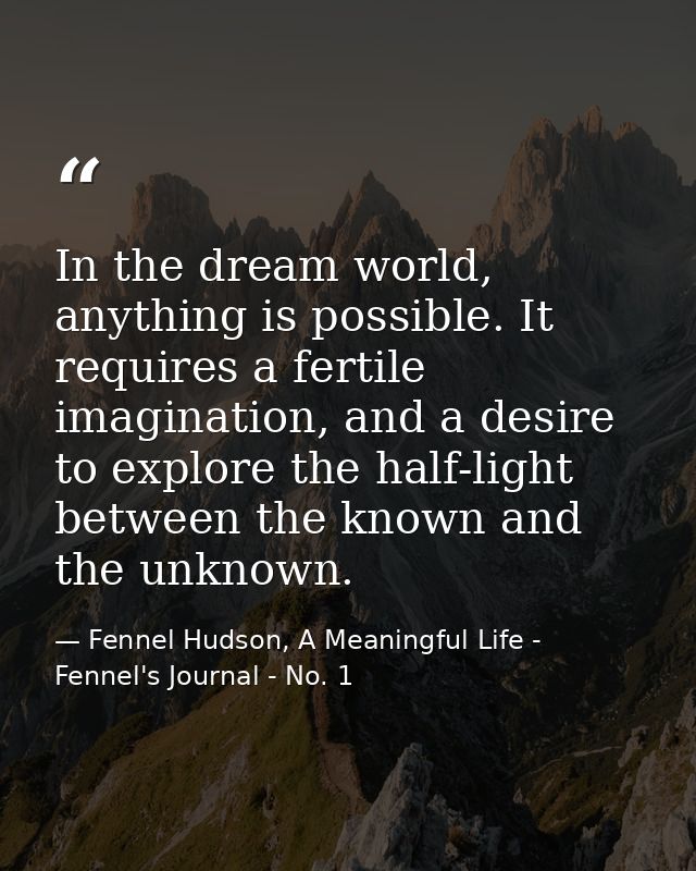 In the dream world, anything is possible. It requires a fertile imagination, and a desire to explore the half-light betw — Fennel Hudson, A Meaningful Life - Fennel's Journal - No. 1