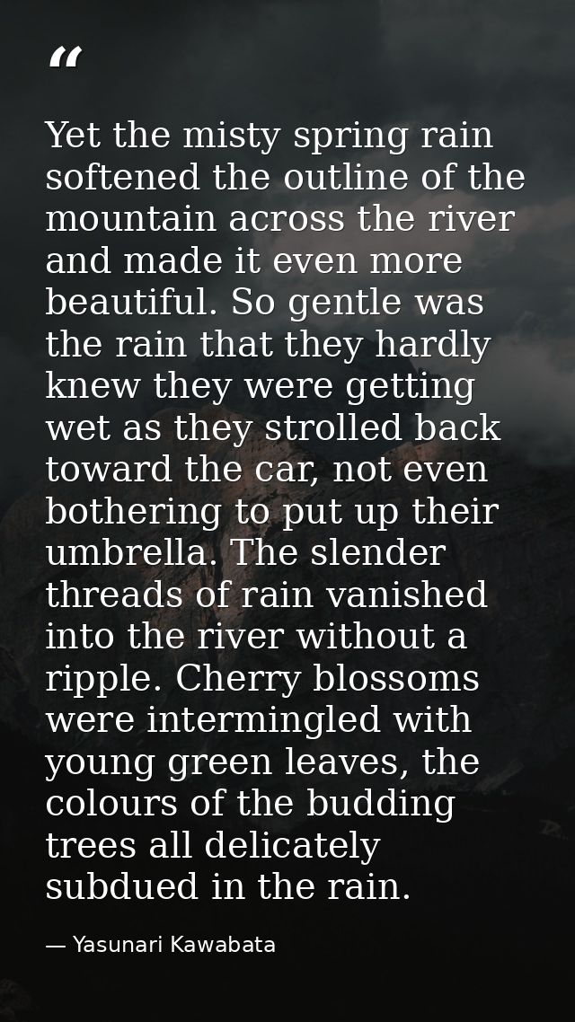 Yet the misty spring rain softened the outline of the mountain across the river and made it even more beautiful. So gent — Yasunari Kawabata