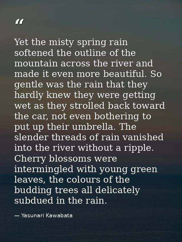 Yet the misty spring rain softened the outline of the mountain across the river and made it even more beautiful. So gent — Yasunari Kawabata