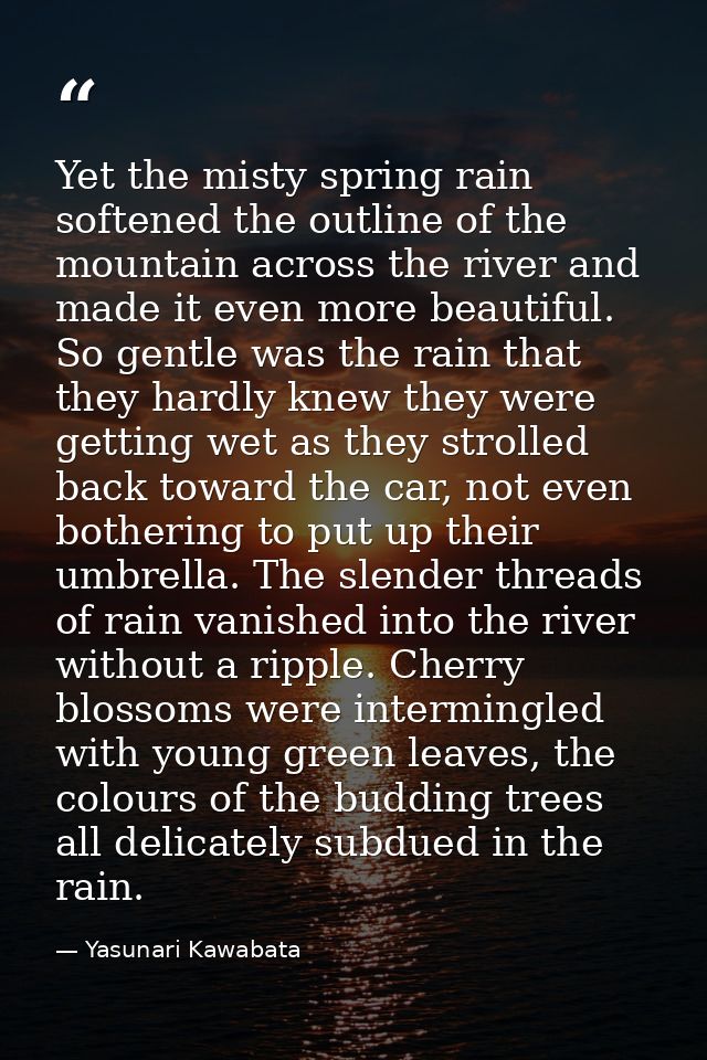 Yet the misty spring rain softened the outline of the mountain across the river and made it even more beautiful. So gent — Yasunari Kawabata