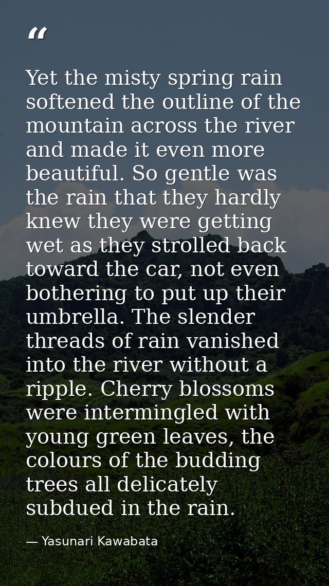 Yet the misty spring rain softened the outline of the mountain across the river and made it even more beautiful. So gent — Yasunari Kawabata