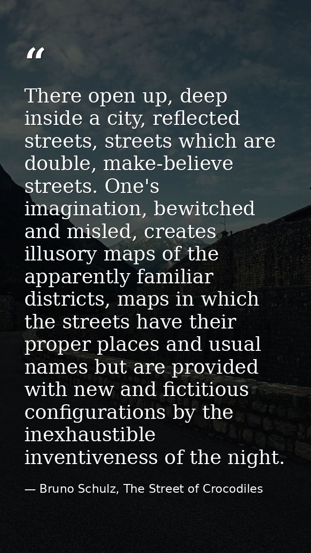 There open up, deep inside a city, reflected streets, streets which are double, make-believe streets. One's imagination, — Bruno Schulz, The Street of Crocodiles
