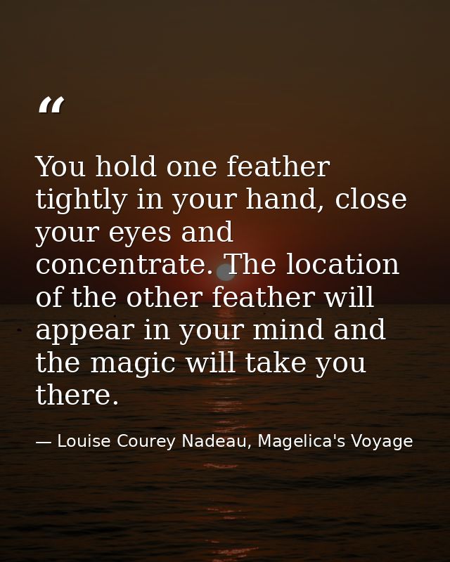 You hold one feather tightly in your hand, close your eyes and concentrate. The location of the other feather will appea — Louise Courey Nadeau, Magelica's Voyage
