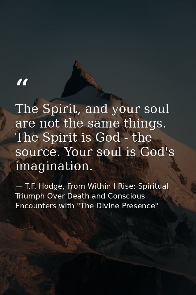 The Spirit, and your soul are not the same things. The Spirit is God - the source. Your soul is God's imagination. — T.F. Hodge, From Within I Rise: Spiritual Triumph Over Death and Conscious Encounters with "The Divine Presence"