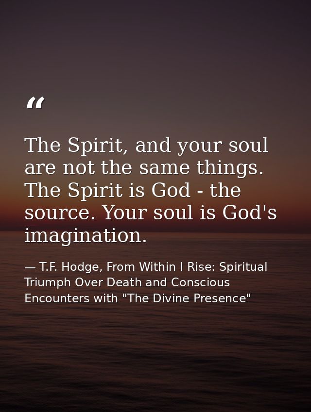 The Spirit, and your soul are not the same things. The Spirit is God - the source. Your soul is God's imagination. — T.F. Hodge, From Within I Rise: Spiritual Triumph Over Death and Conscious Encounters with "The Divine Presence"