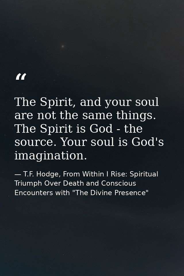 The Spirit, and your soul are not the same things. The Spirit is God - the source. Your soul is God's imagination. — T.F. Hodge, From Within I Rise: Spiritual Triumph Over Death and Conscious Encounters with "The Divine Presence"