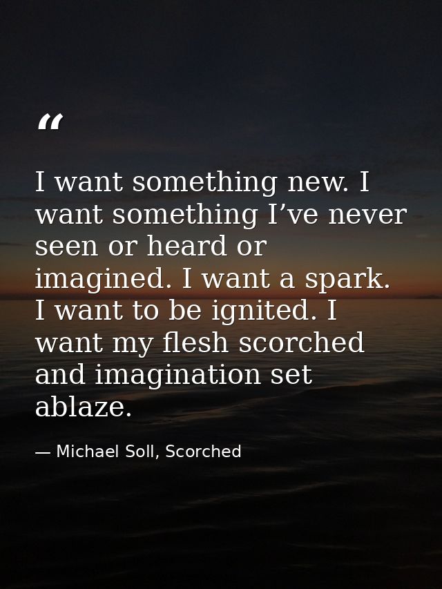I want something new. I want something I’ve never seen or heard or imagined. I want a spark. I want to be ignited. I wan — Michael Soll, Scorched