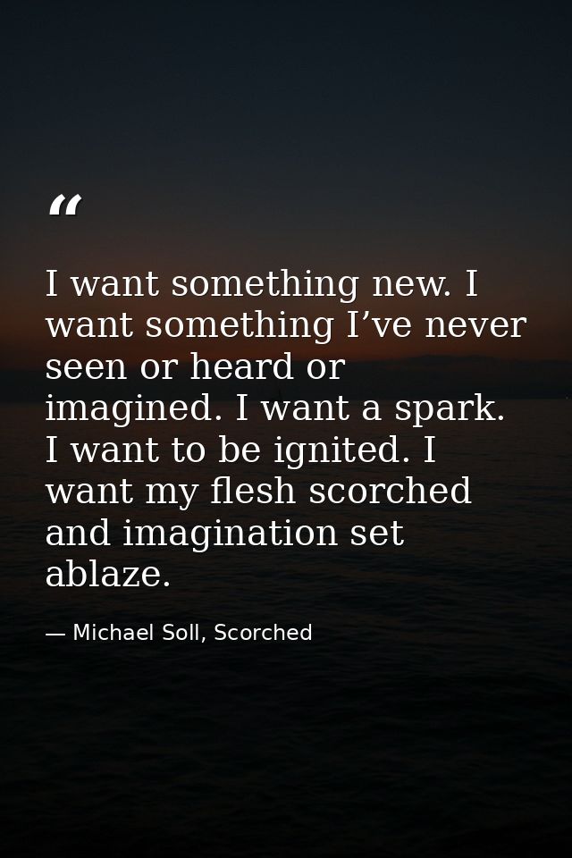 I want something new. I want something I’ve never seen or heard or imagined. I want a spark. I want to be ignited. I wan — Michael Soll, Scorched