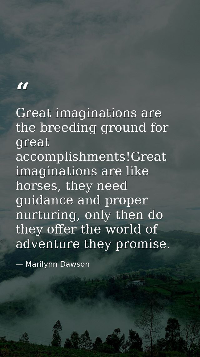 Great imaginations are the breeding ground for great accomplishments!Great imaginations are like horses, they need guida — Marilynn Dawson