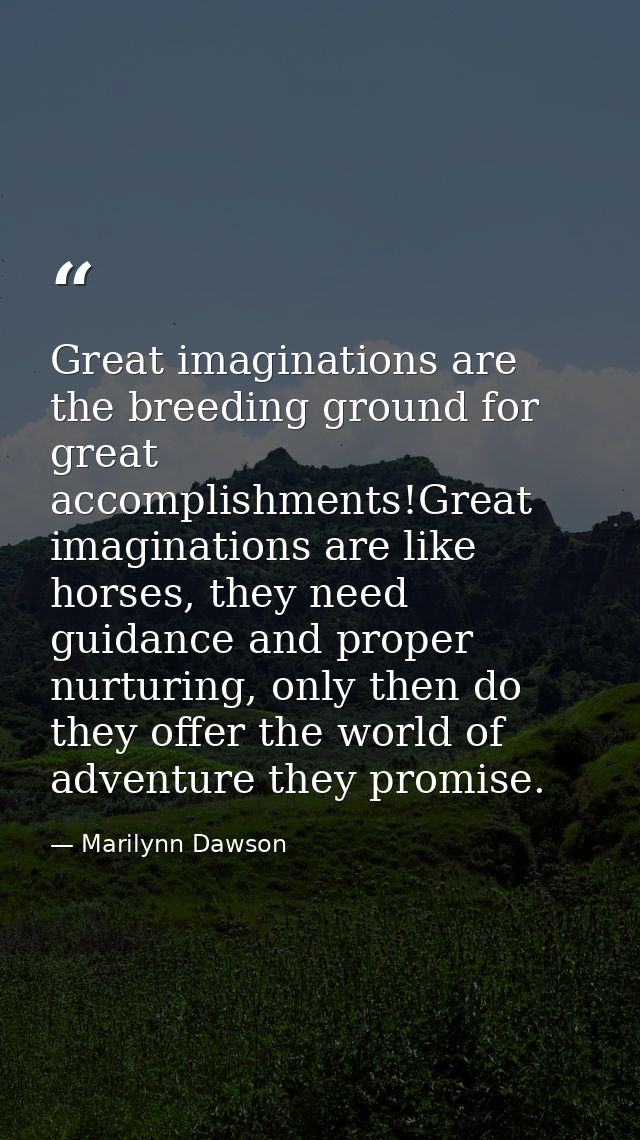Great imaginations are the breeding ground for great accomplishments!Great imaginations are like horses, they need guida — Marilynn Dawson