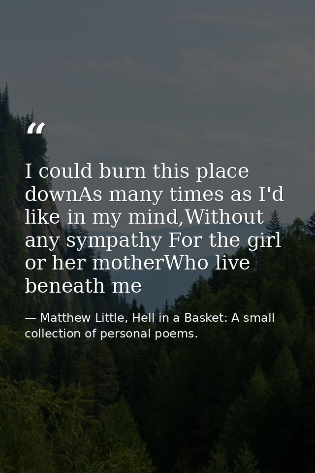 I could burn this place downAs many times as I'd like in my mind,Without any sympathy For the girl or her motherWho live — Matthew Little, Hell in a Basket: A small collection of personal poems.