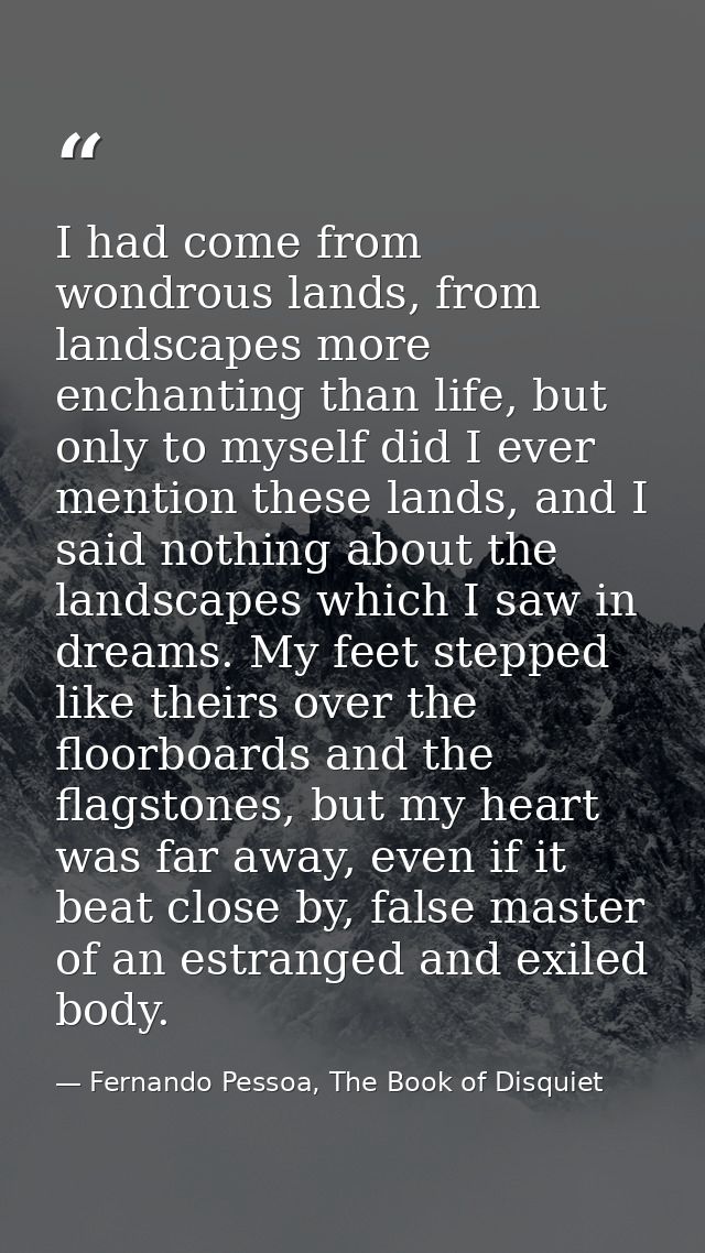 I had come from wondrous lands, from landscapes more enchanting than life, but only to myself did I ever mention these l — Fernando Pessoa, The Book of Disquiet