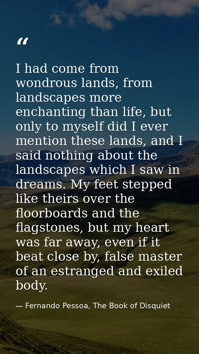 I had come from wondrous lands, from landscapes more enchanting than life, but only to myself did I ever mention these l — Fernando Pessoa, The Book of Disquiet