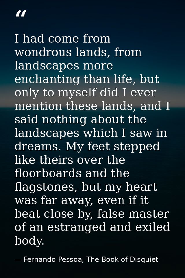 I had come from wondrous lands, from landscapes more enchanting than life, but only to myself did I ever mention these l — Fernando Pessoa, The Book of Disquiet