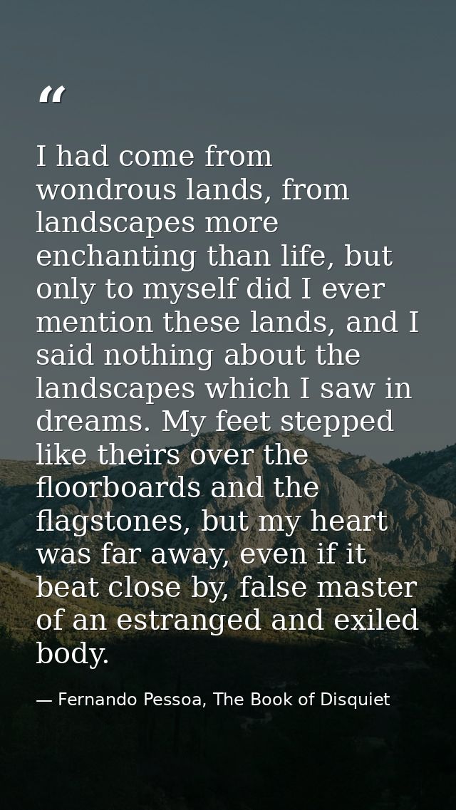 I had come from wondrous lands, from landscapes more enchanting than life, but only to myself did I ever mention these l — Fernando Pessoa, The Book of Disquiet