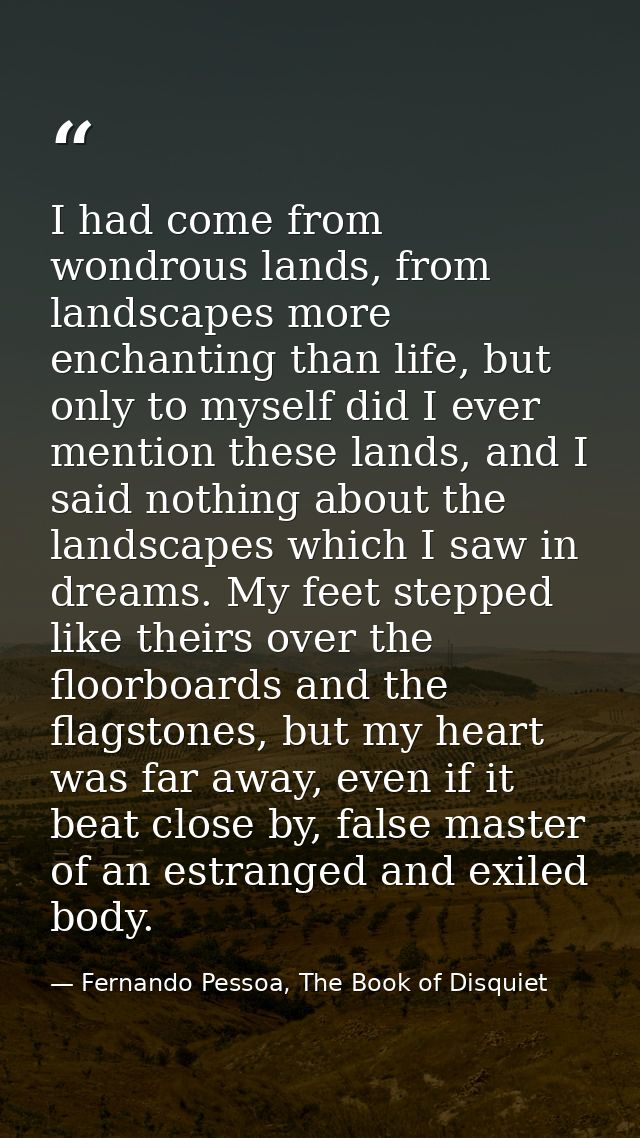 I had come from wondrous lands, from landscapes more enchanting than life, but only to myself did I ever mention these l — Fernando Pessoa, The Book of Disquiet