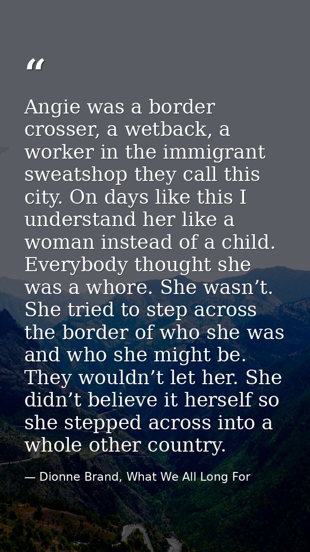 Angie was a border crosser, a wetback, a worker in the immigrant sweatshop they call this city. On days like this I unde — Dionne Brand, What We All Long For