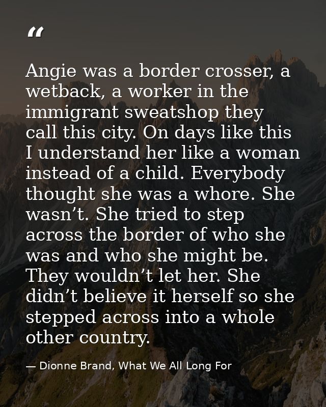 Angie was a border crosser, a wetback, a worker in the immigrant sweatshop they call this city. On days like this I unde — Dionne Brand, What We All Long For