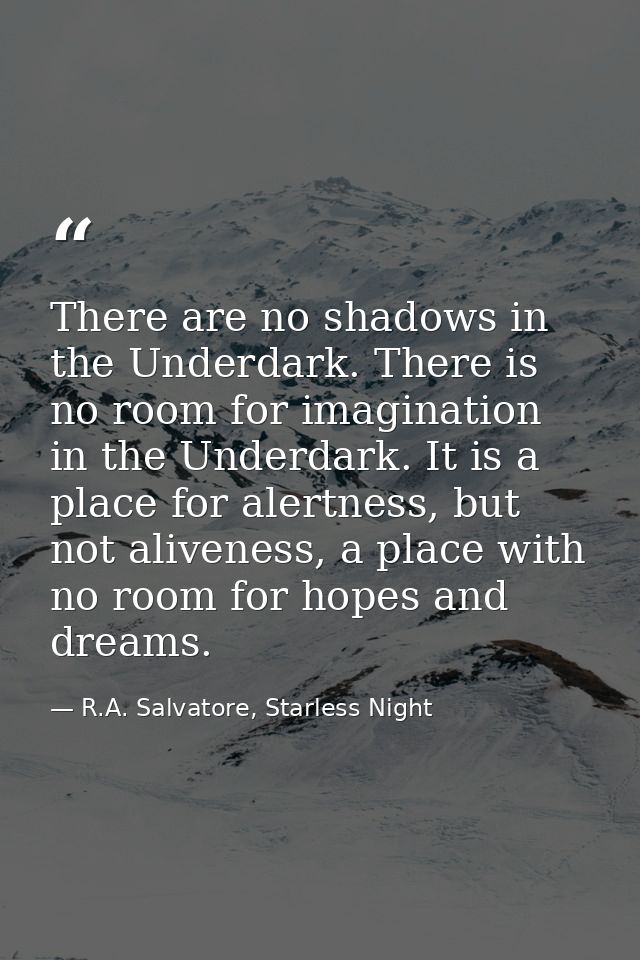There are no shadows in the Underdark. There is no room for imagination in the Underdark. It is a place for alertness, b — R.A. Salvatore, Starless Night