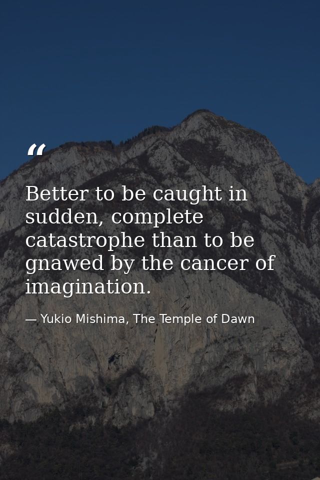 Better to be caught in sudden, complete catastrophe than to be gnawed by the cancer of imagination. — Yukio Mishima, The Temple of Dawn
