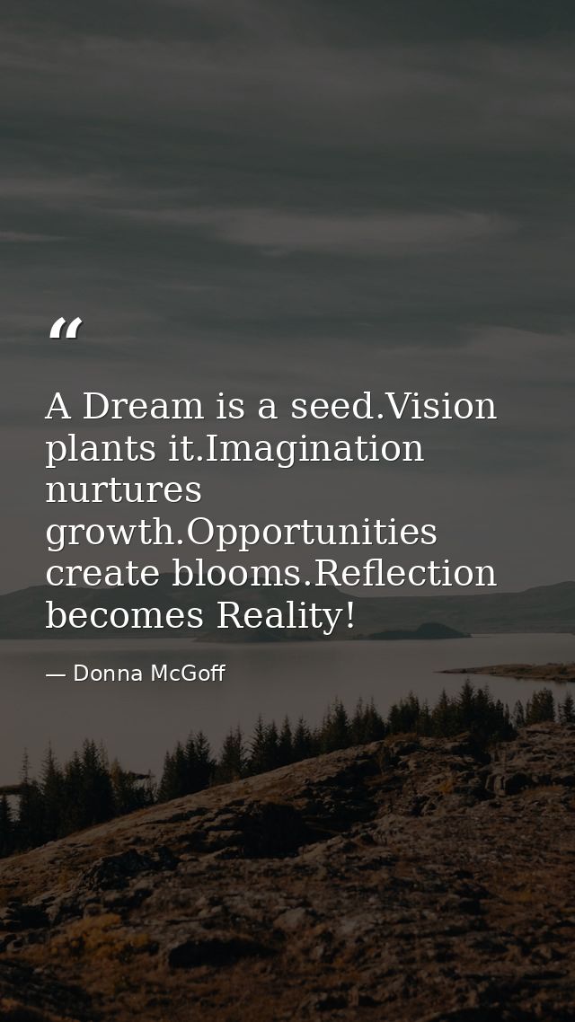 A Dream is a seed.Vision plants it.Imagination nurtures growth.Opportunities create blooms.Reflection becomes Reality! — Donna McGoff