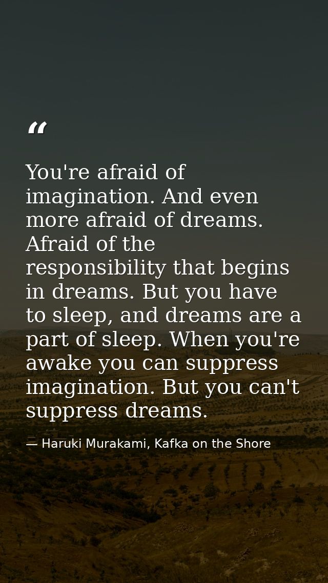 You're afraid of imagination. And even more afraid of dreams. Afraid of the responsibility that begins in dreams. But yo — Haruki Murakami, Kafka on the Shore