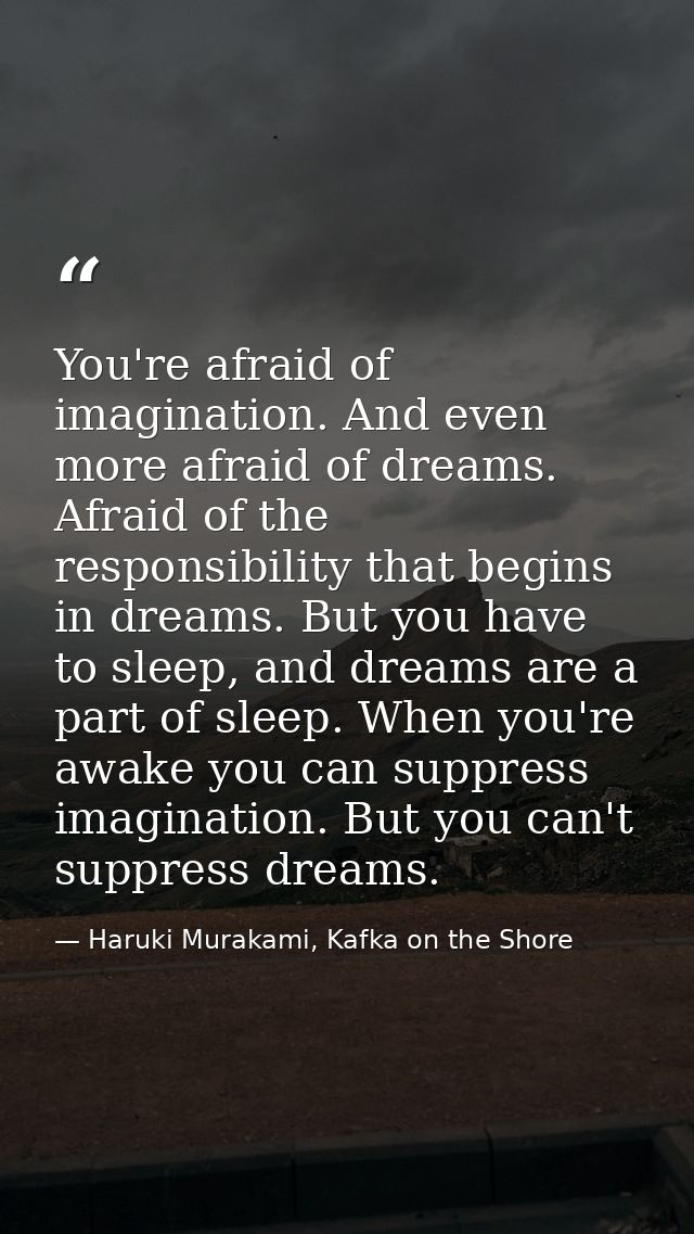 You're afraid of imagination. And even more afraid of dreams. Afraid of the responsibility that begins in dreams. But yo — Haruki Murakami, Kafka on the Shore