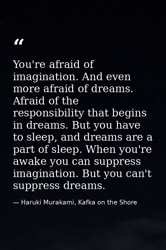 You're afraid of imagination. And even more afraid of dreams. Afraid of the responsibility that begins in dreams. But yo — Haruki Murakami, Kafka on the Shore