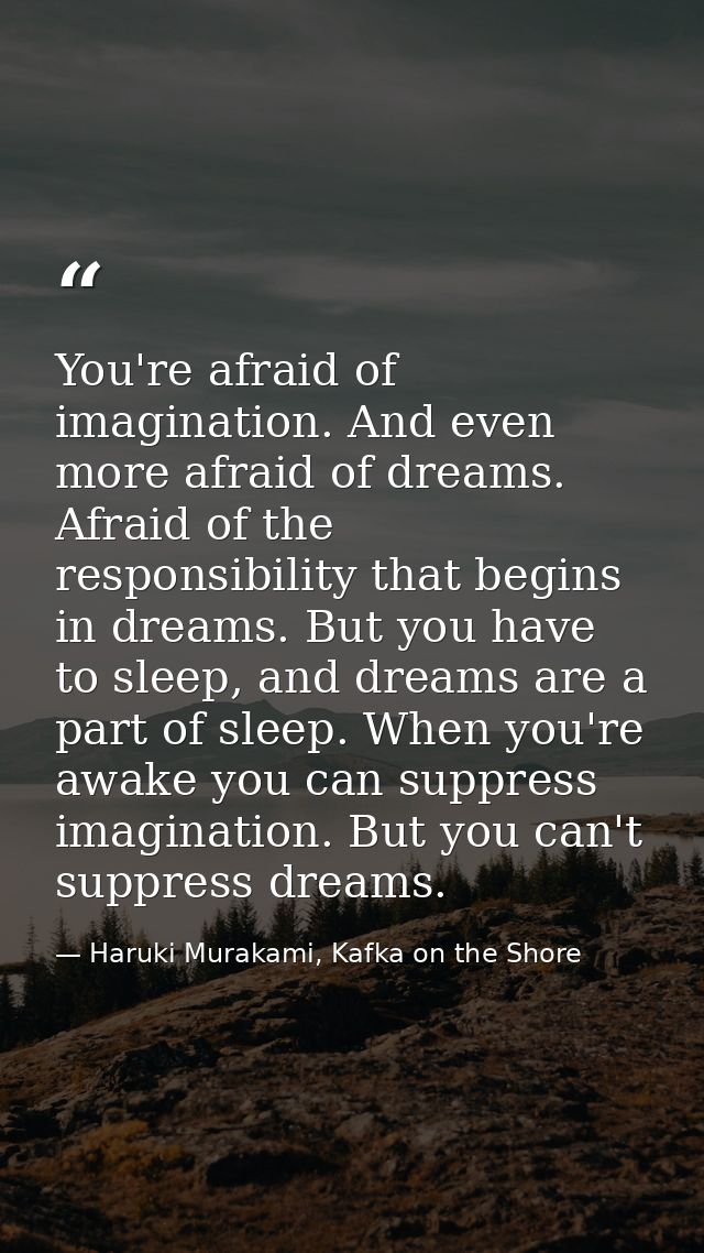 You're afraid of imagination. And even more afraid of dreams. Afraid of the responsibility that begins in dreams. But yo — Haruki Murakami, Kafka on the Shore