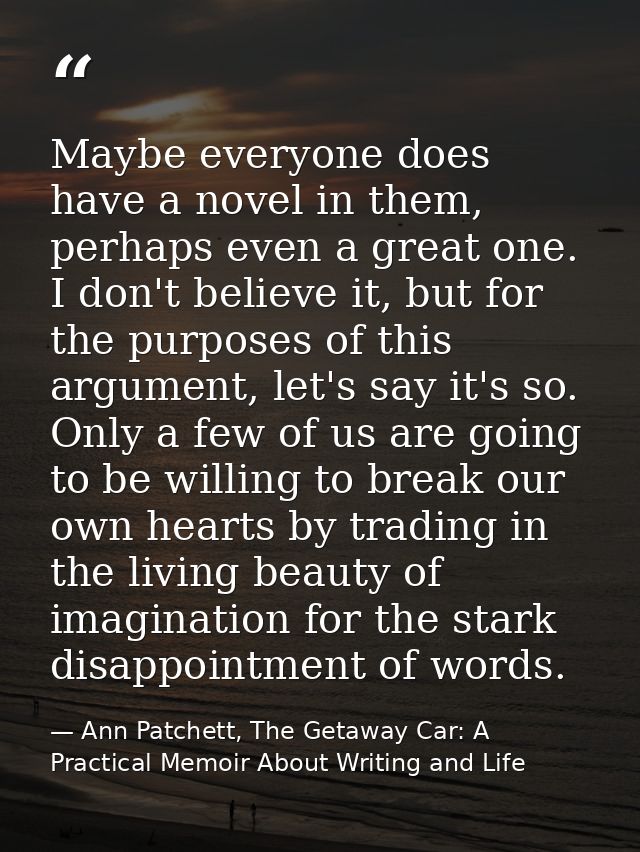 Maybe everyone does have a novel in them, perhaps even a great one. I don't believe it, but for the purposes of this arg — Ann Patchett, The Getaway Car: A Practical Memoir About Writing and Life