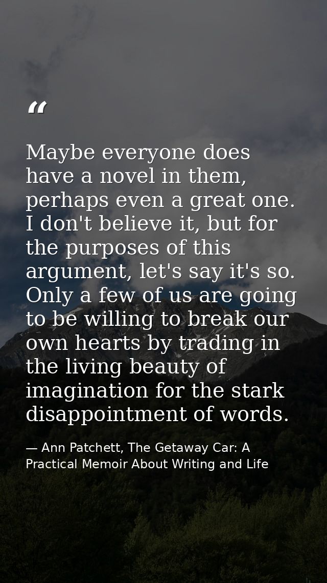 Maybe everyone does have a novel in them, perhaps even a great one. I don't believe it, but for the purposes of this arg — Ann Patchett, The Getaway Car: A Practical Memoir About Writing and Life