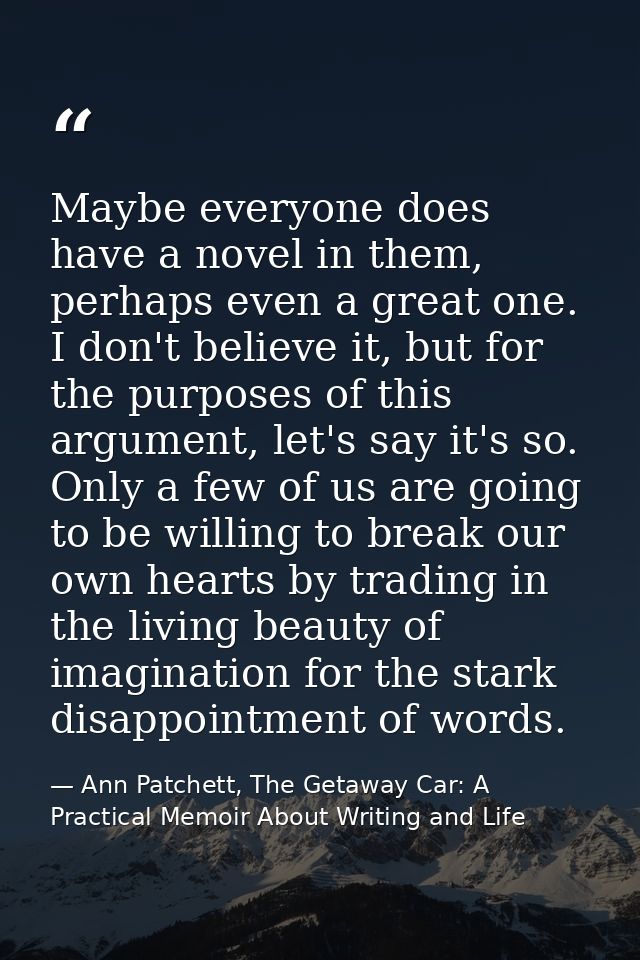 Maybe everyone does have a novel in them, perhaps even a great one. I don't believe it, but for the purposes of this arg — Ann Patchett, The Getaway Car: A Practical Memoir About Writing and Life