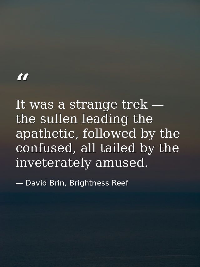 It was a strange trek — the sullen leading the apathetic, followed by the confused, all tailed by the inveterately amuse — David Brin, Brightness Reef