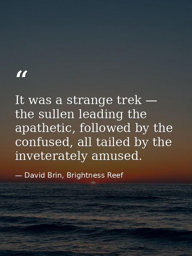 It was a strange trek — the sullen leading the apathetic, followed by the confused, all tailed by the inveterately amuse — David Brin, Brightness Reef
