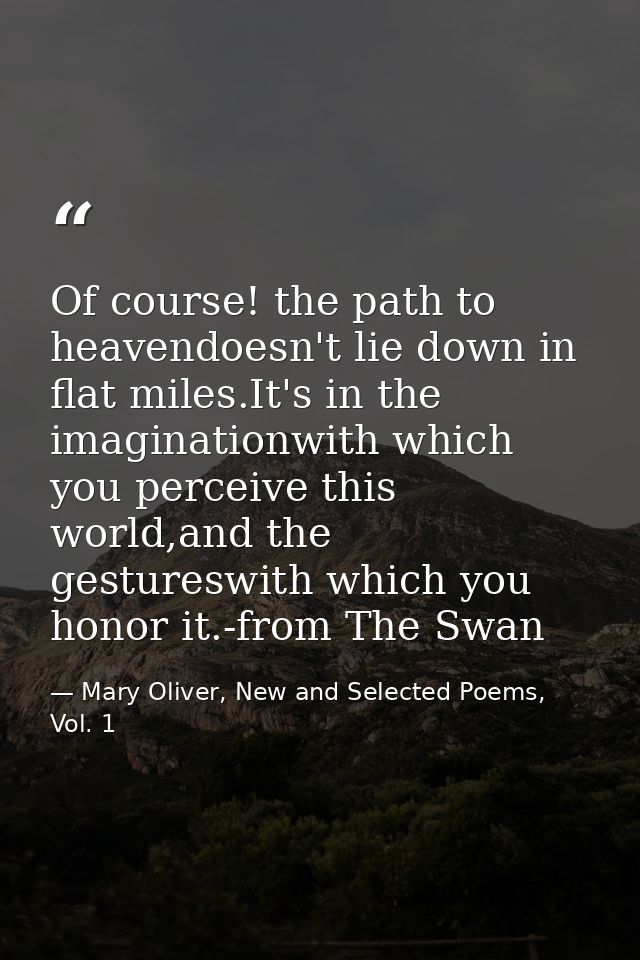 Of course! the path to heavendoesn't lie down in flat miles.It's in the imaginationwith which you perceive this world,an — Mary Oliver, New and Selected Poems, Vol. 1