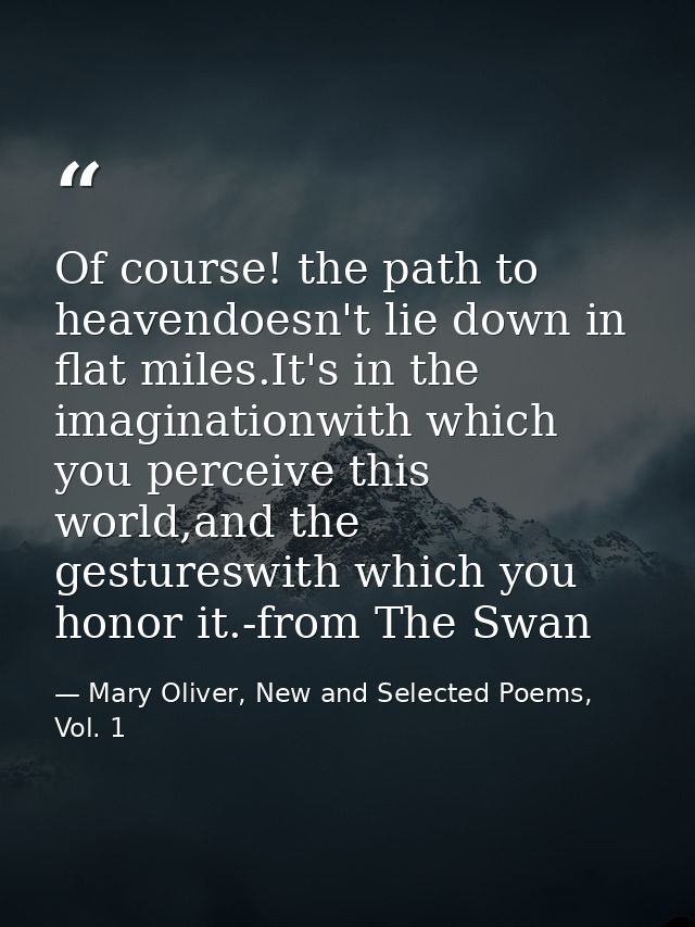 Of course! the path to heavendoesn't lie down in flat miles.It's in the imaginationwith which you perceive this world,an — Mary Oliver, New and Selected Poems, Vol. 1