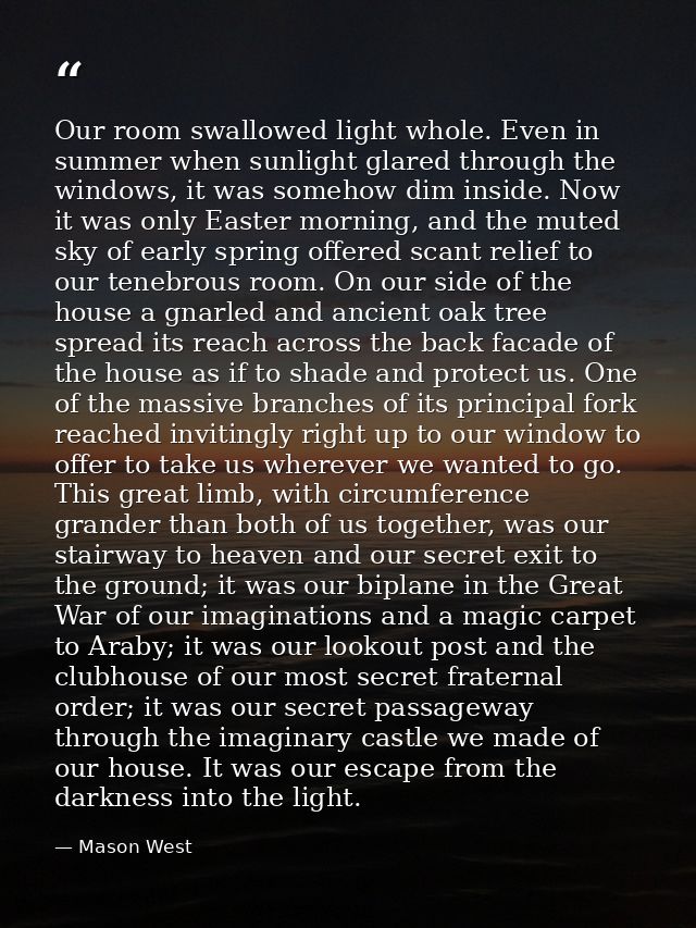 Our room swallowed light whole. Even in summer when sunlight glared through the windows, it was somehow dim inside. Now  — Mason West
