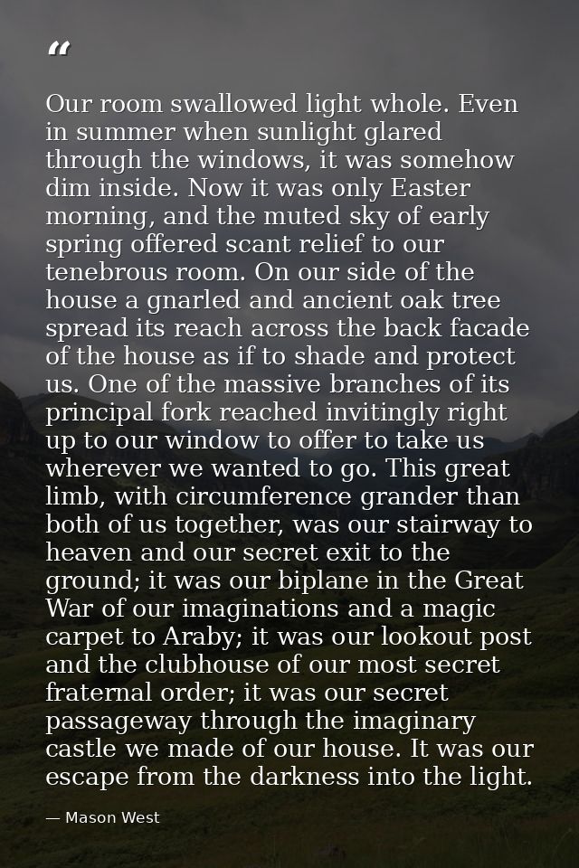 Our room swallowed light whole. Even in summer when sunlight glared through the windows, it was somehow dim inside. Now  — Mason West