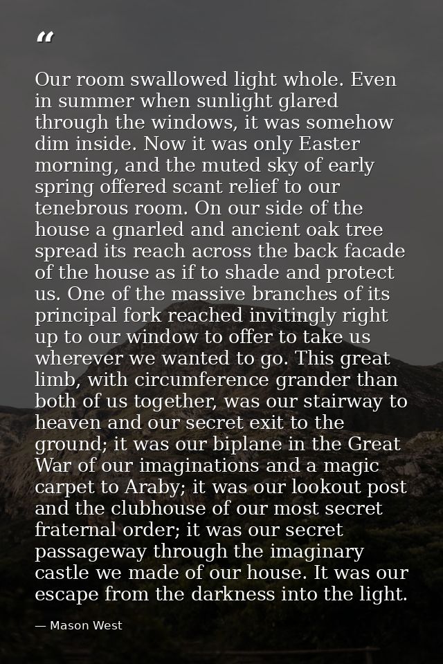 Our room swallowed light whole. Even in summer when sunlight glared through the windows, it was somehow dim inside. Now  — Mason West