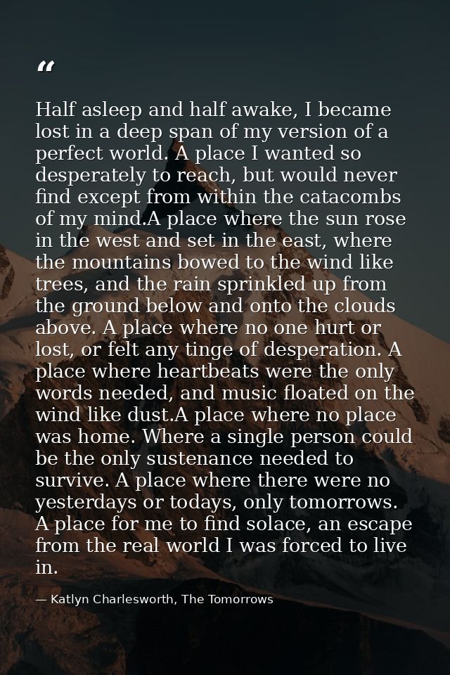 Half asleep and half awake, I became lost in a deep span of my version of a perfect world. A place I wanted so desperate — Katlyn Charlesworth, The Tomorrows