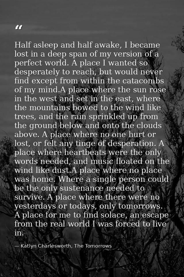 Half asleep and half awake, I became lost in a deep span of my version of a perfect world. A place I wanted so desperate — Katlyn Charlesworth, The Tomorrows