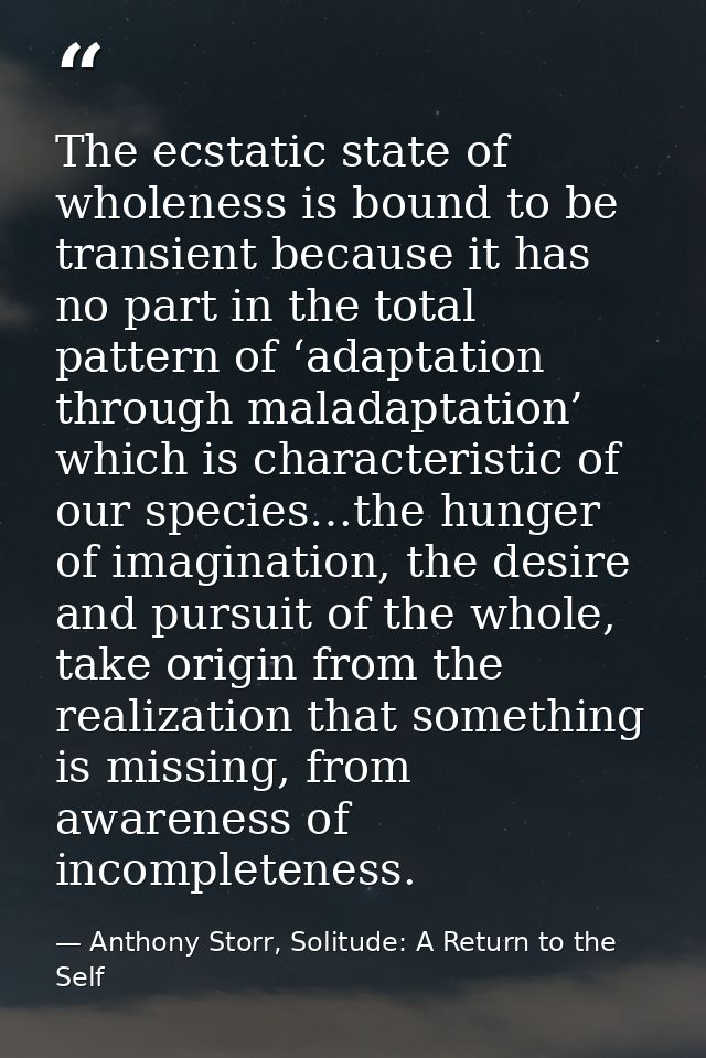 The ecstatic state of wholeness is bound to be transient because it has no part in the total pattern of ‘adaptation thro — Anthony Storr, Solitude: A Return to the Self
