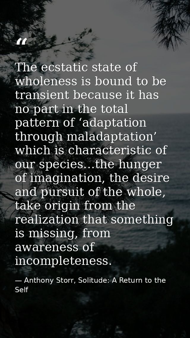 The ecstatic state of wholeness is bound to be transient because it has no part in the total pattern of ‘adaptation thro — Anthony Storr, Solitude: A Return to the Self