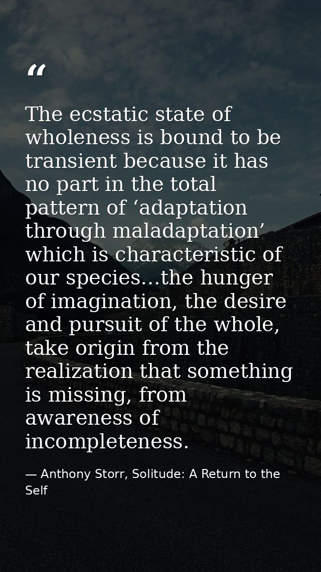 The ecstatic state of wholeness is bound to be transient because it has no part in the total pattern of ‘adaptation thro — Anthony Storr, Solitude: A Return to the Self