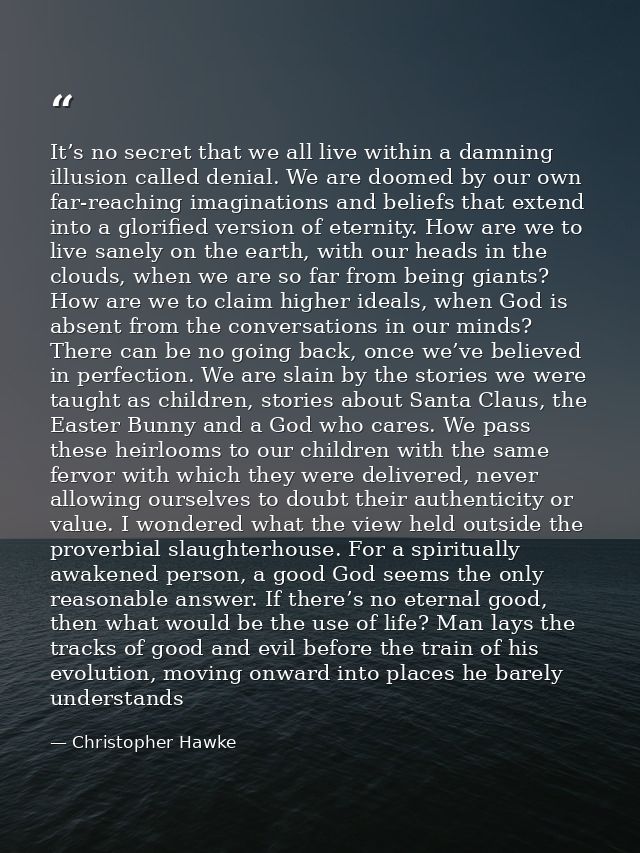 It’s no secret that we all live within a damning illusion called denial. We are doomed by our own far-reaching imaginati — Christopher Hawke