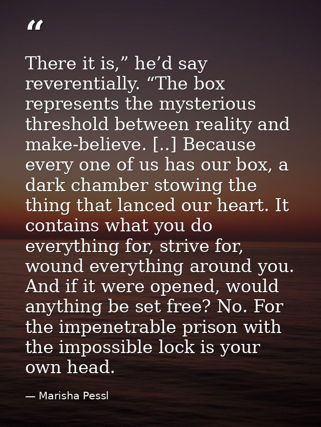 There it is,” he’d say reverentially. “The box represents the mysterious threshold between reality and make-believe. [.. — Marisha Pessl